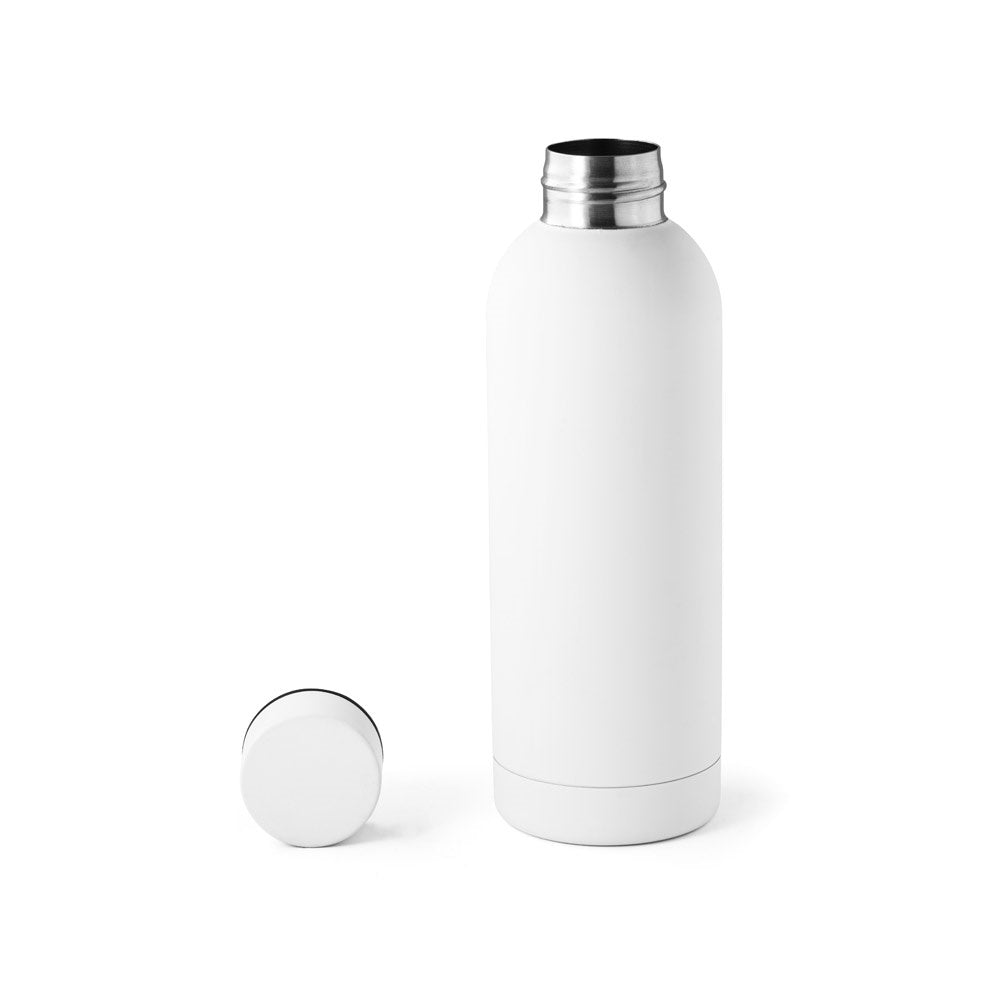 ODIN promotional thermal bottle in white (detail view) with custom logo branding