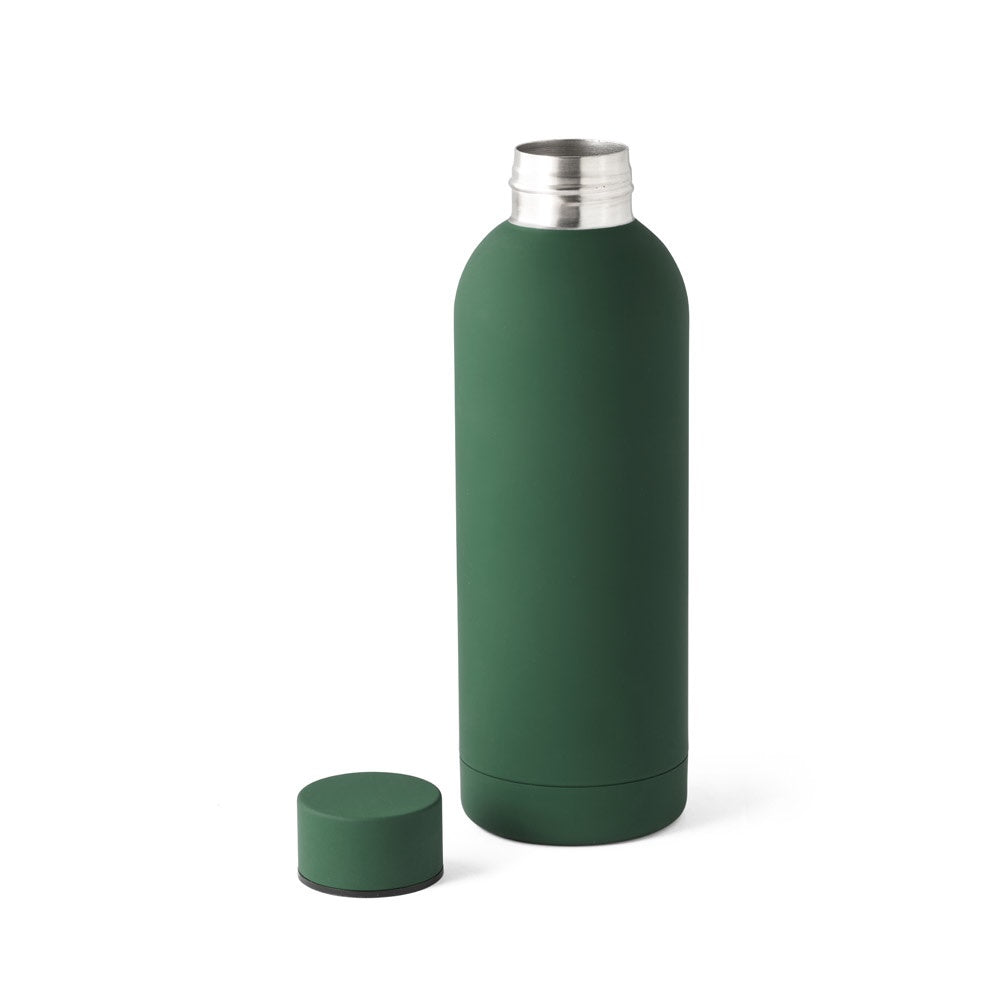 ODIN promotional thermal bottle in dark green (detail view) with custom logo branding