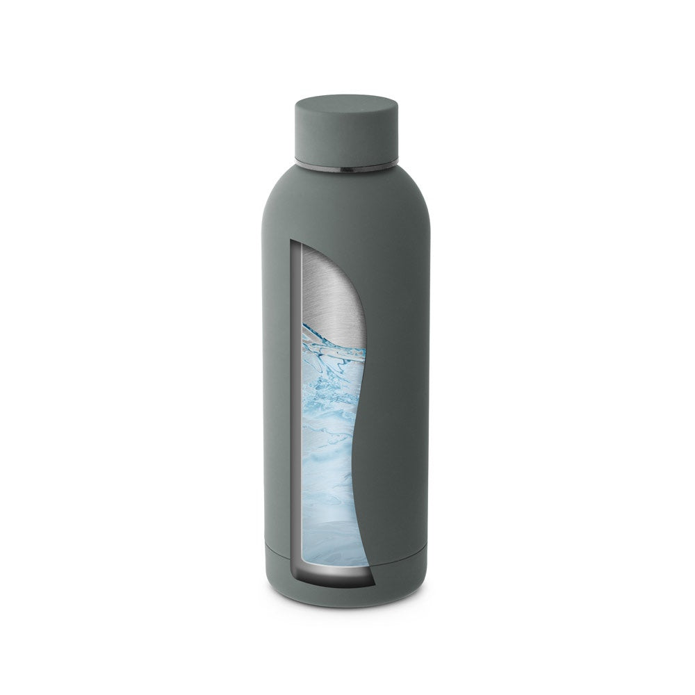 ODIN promotional thermal bottle in dark grey (detail view) with custom logo branding
