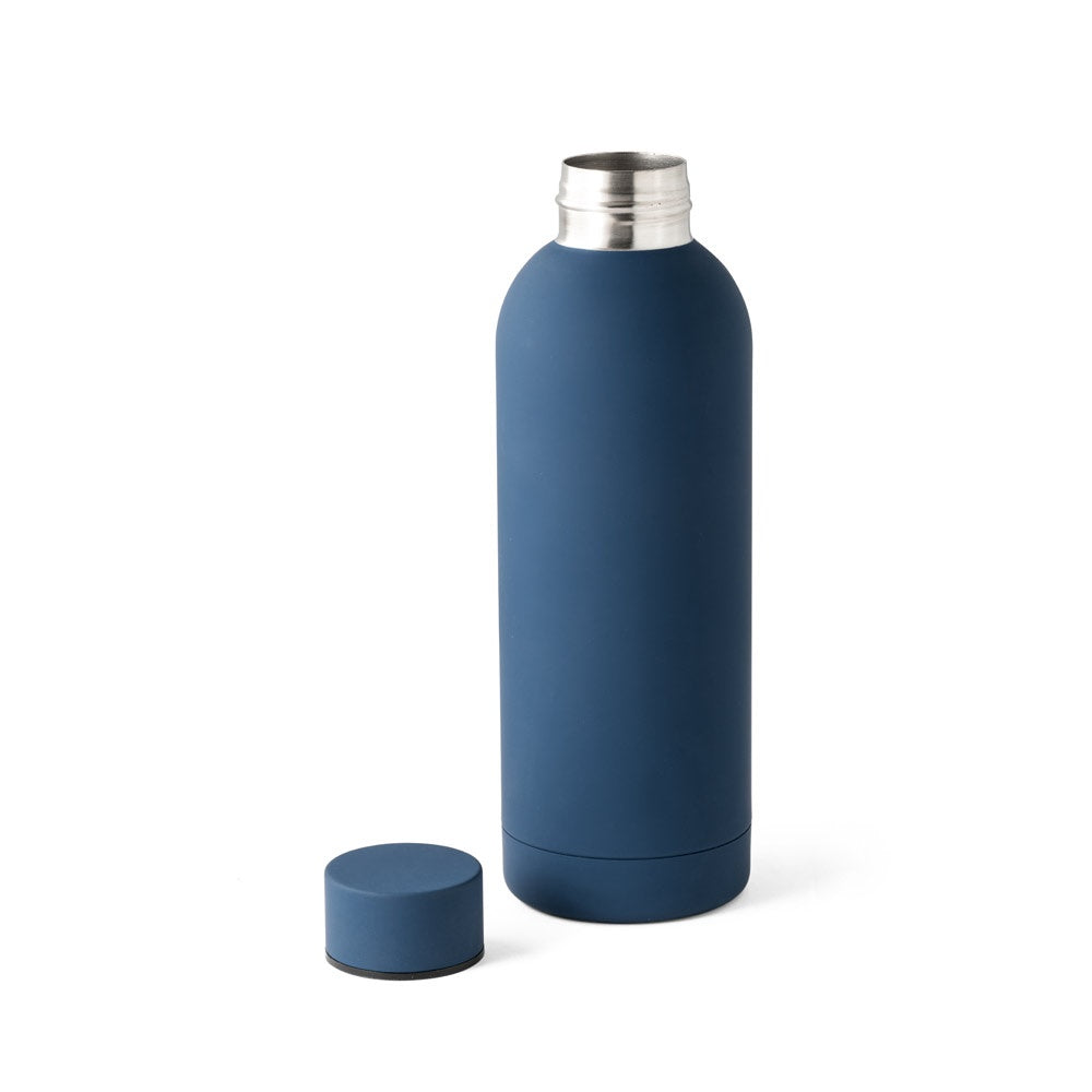 ODIN promotional thermal bottle in navy blue (detail view) with custom logo branding