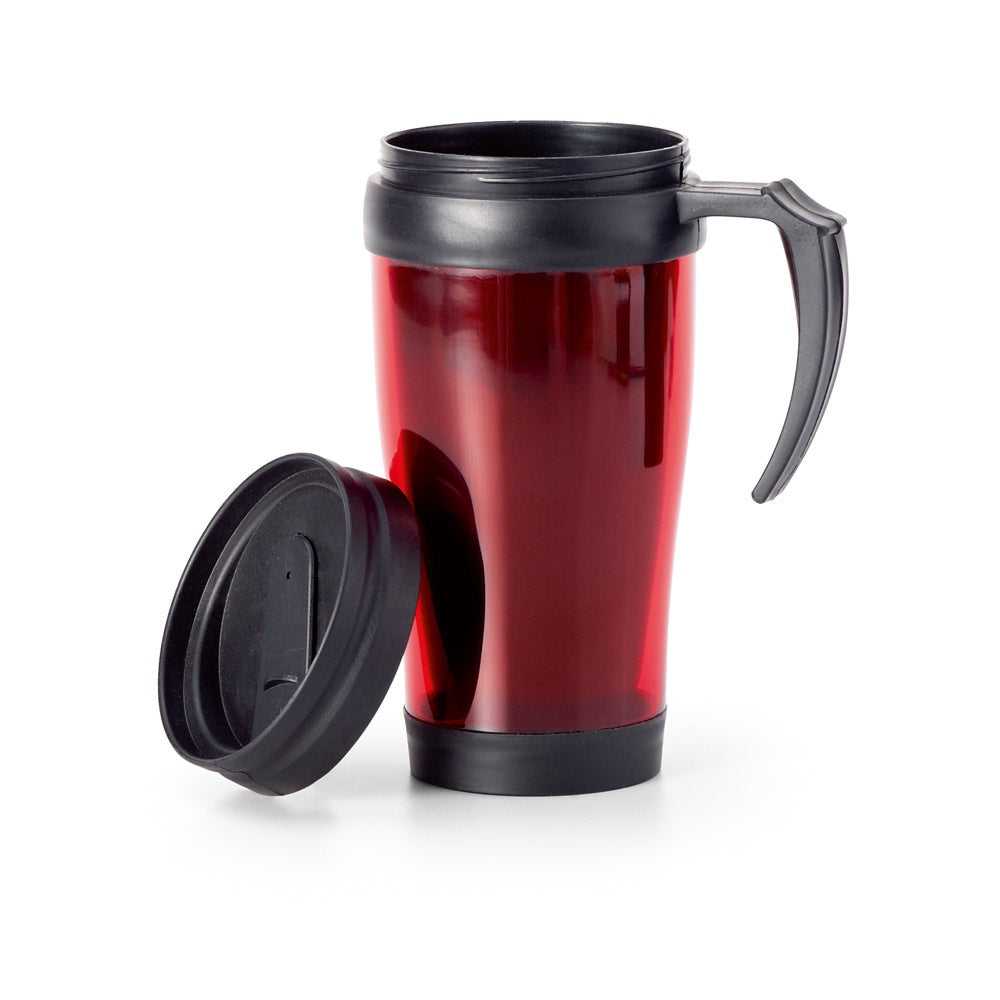 LIVE promotional mug in red (detail view) with custom logo branding