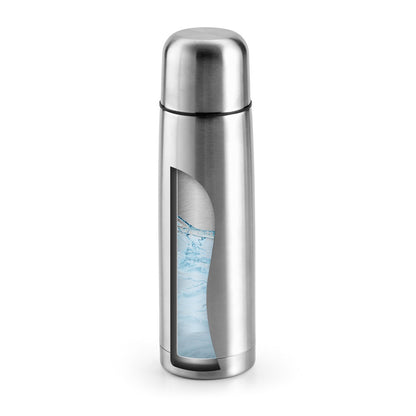 KARPOV promotional thermal bottle in silver (detail view) with custom logo branding