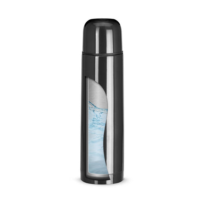 LUKA promotional thermal bottle in black (detail view) with custom logo branding