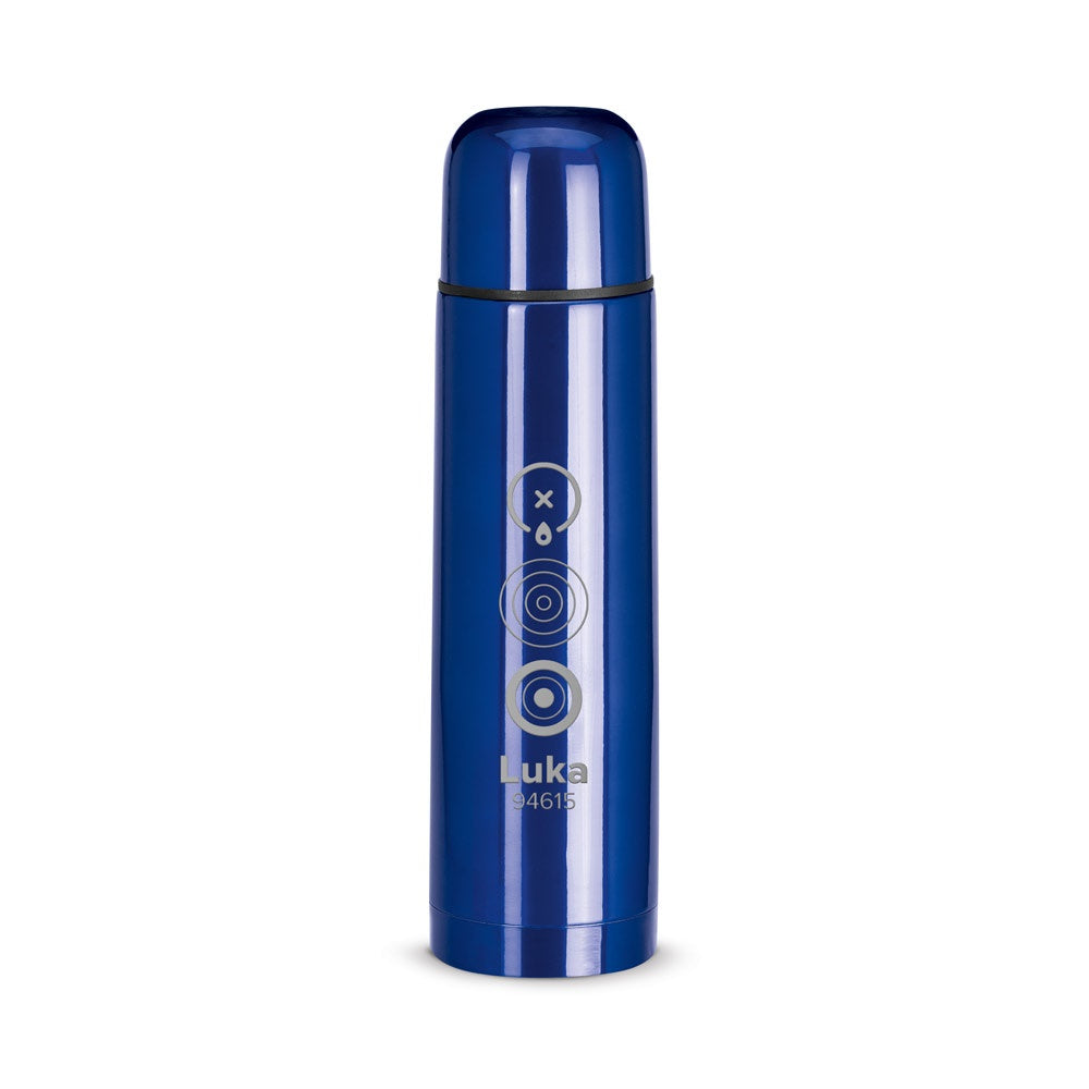 LUKA promotional thermal bottle in blue with custom logo branding