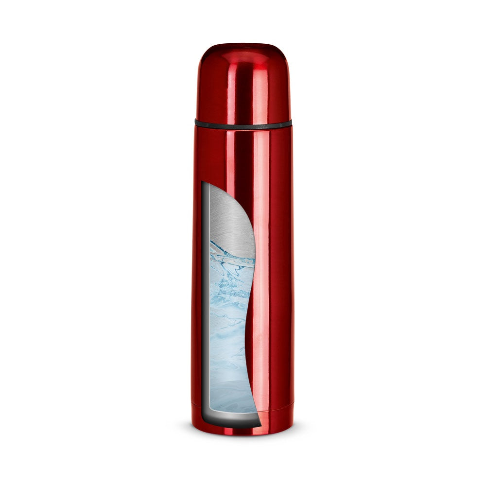 LUKA promotional thermal bottle in red (detail view) with custom logo branding