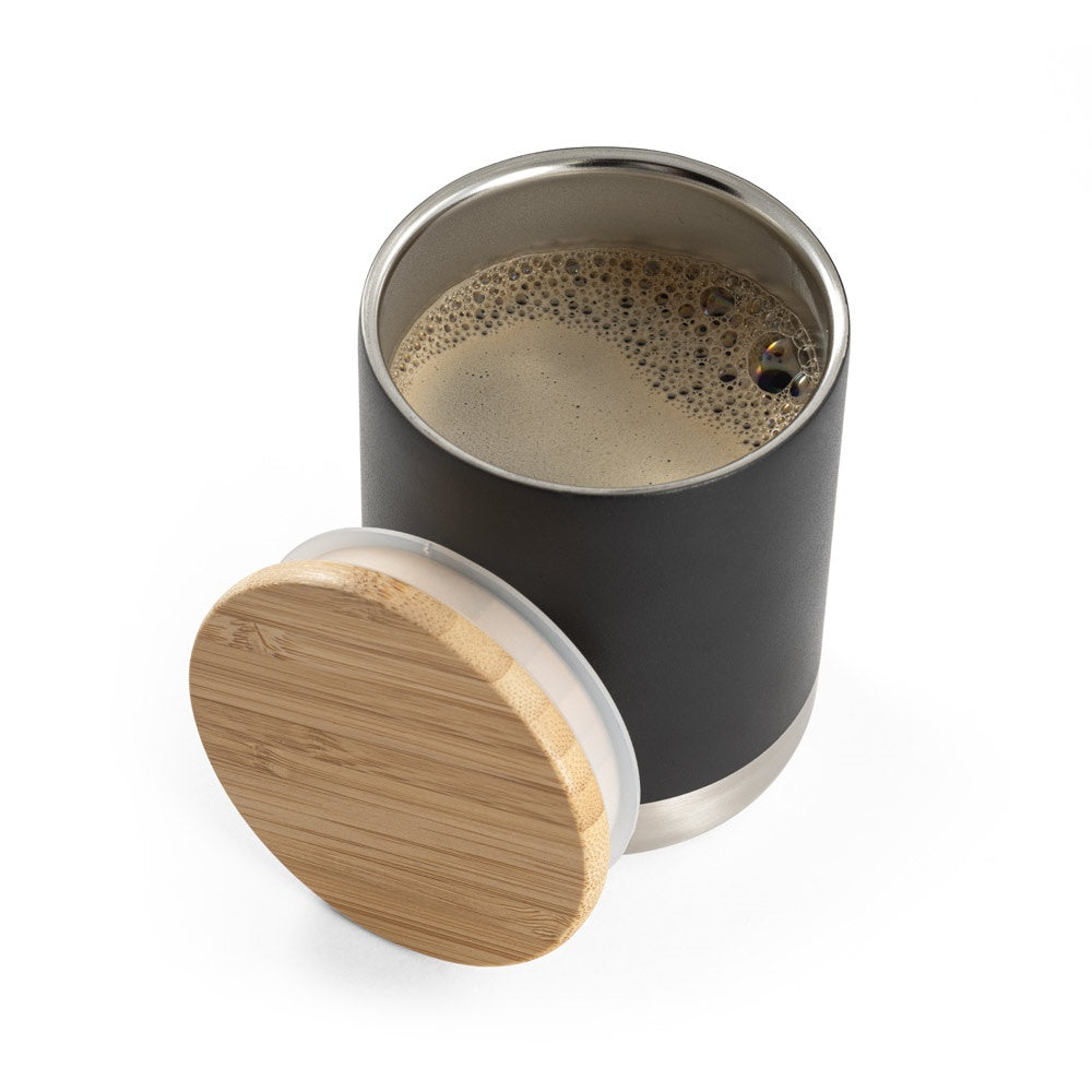 NORRE TUMBLER promotional travel cup in black (detail view) with custom logo branding