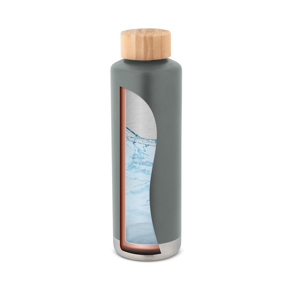 NORRE BOTTLE promotional thermal bottle in dark grey (detail view) with custom logo branding