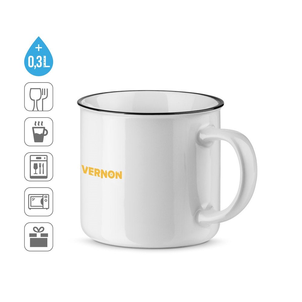 VERNON WHITE promotional mug (complete set view) with custom logo branding