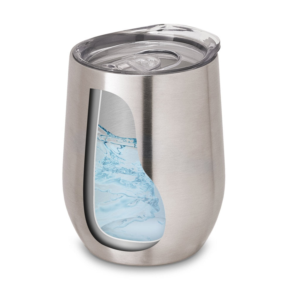 RONDE promotional travel cup in satin silver (detail view) with custom logo branding