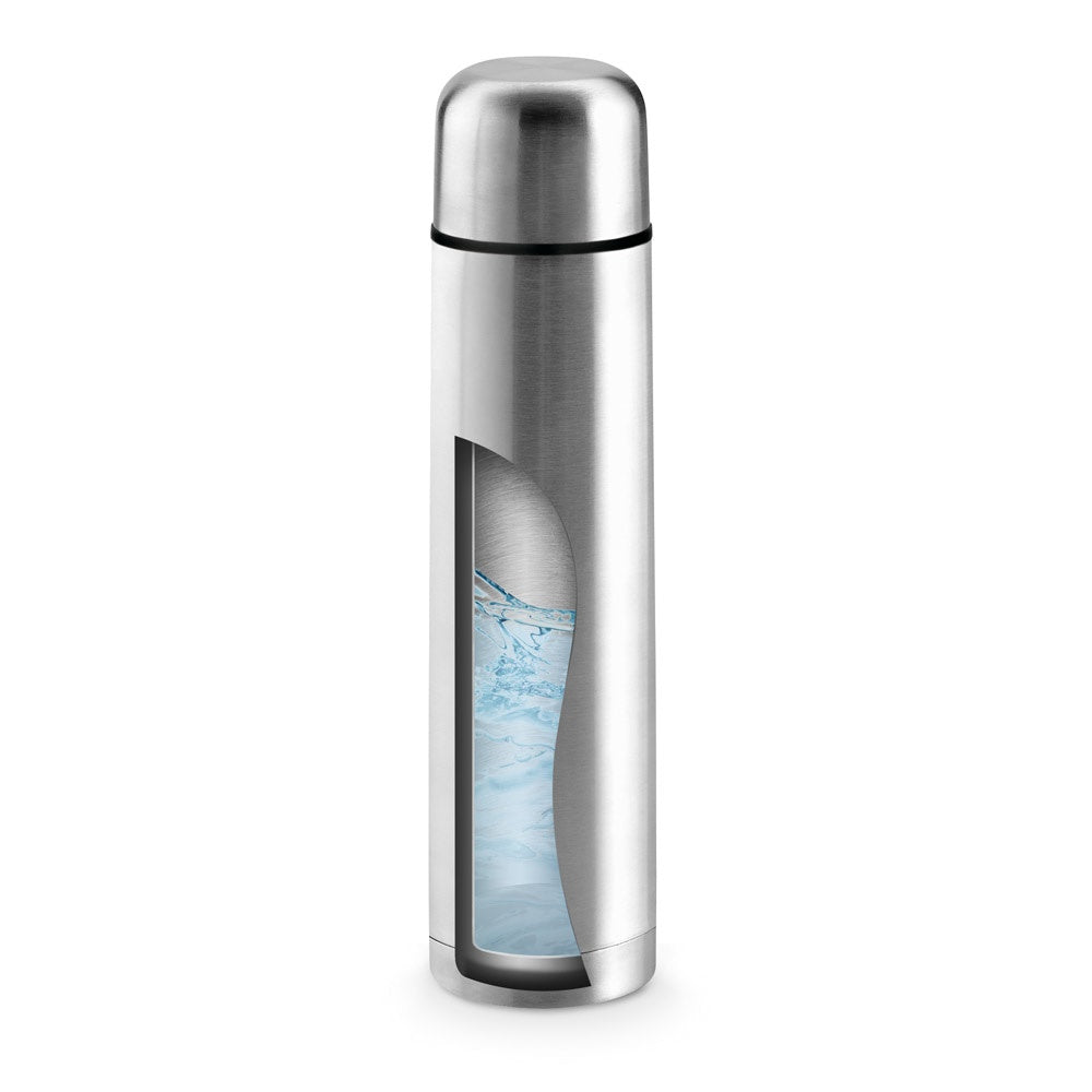 LITER promotional thermal bottle in silver (detail view) with custom logo branding