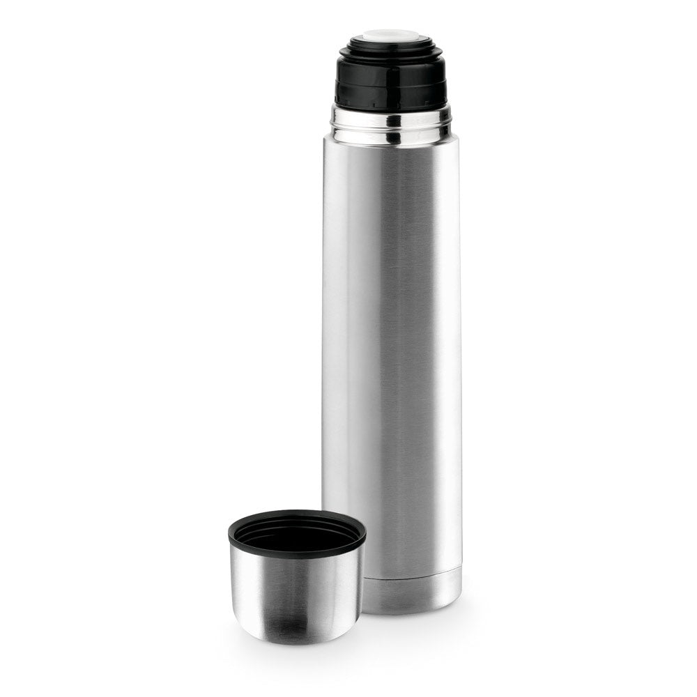LITER promotional thermal bottle in silver (detail view) with custom logo branding