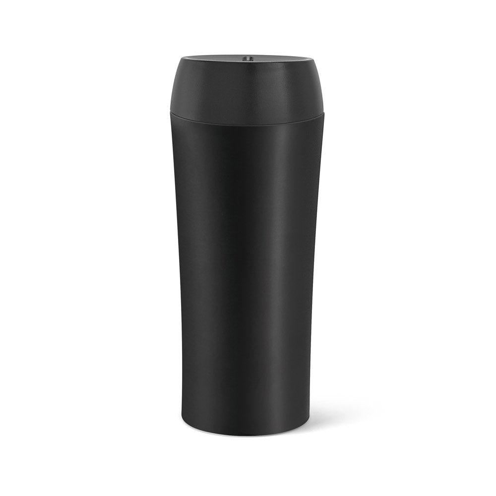 MONARDA promotional travel cup in black (detail view) with custom logo branding