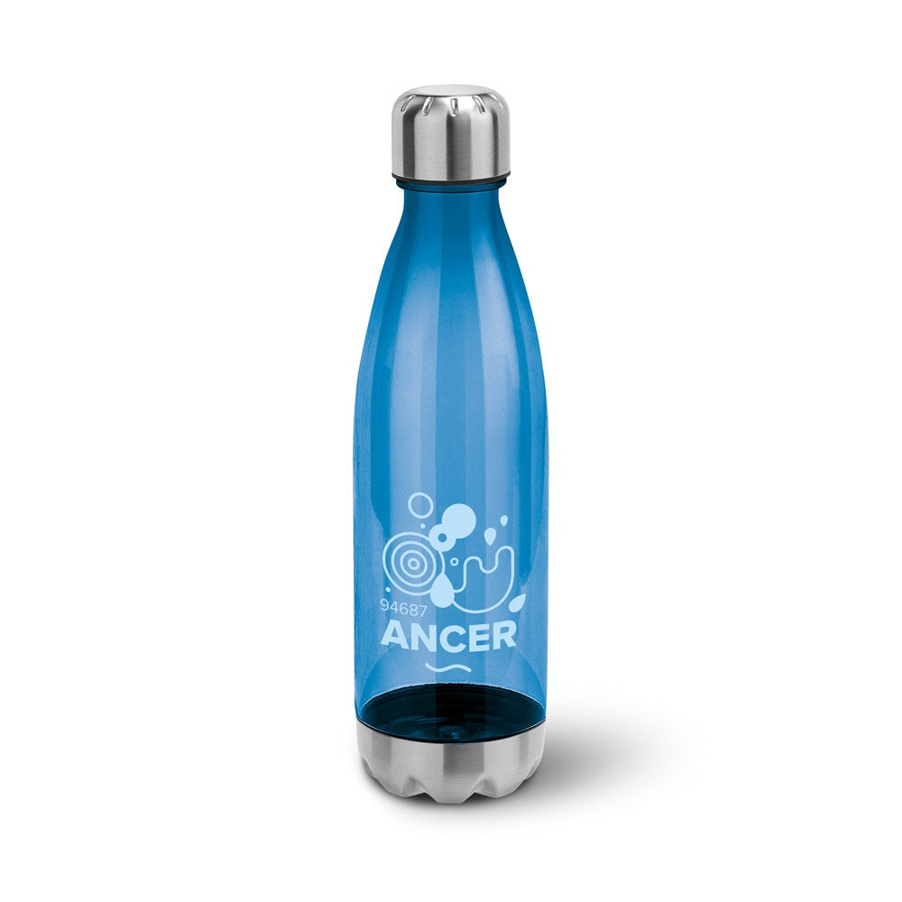 ANCER promotional bottle in blue with custom logo branding