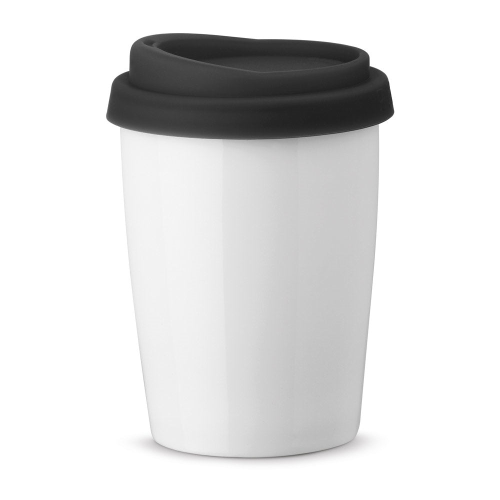 DUWAL promotional travel cup in black with custom logo branding