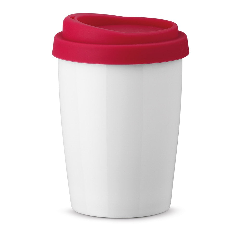 DUWAL promotional travel cup in red with custom logo branding