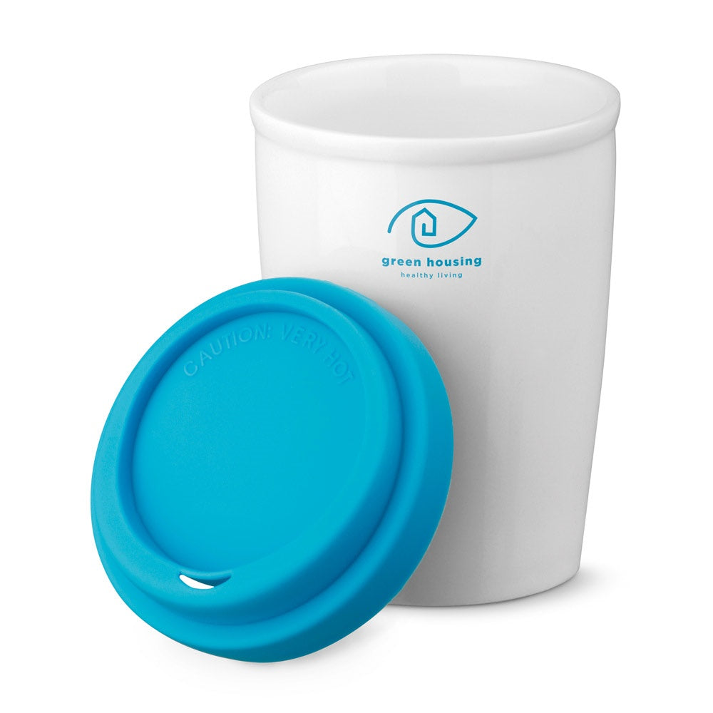 DUWAL promotional travel cup in light blue with custom logo branding