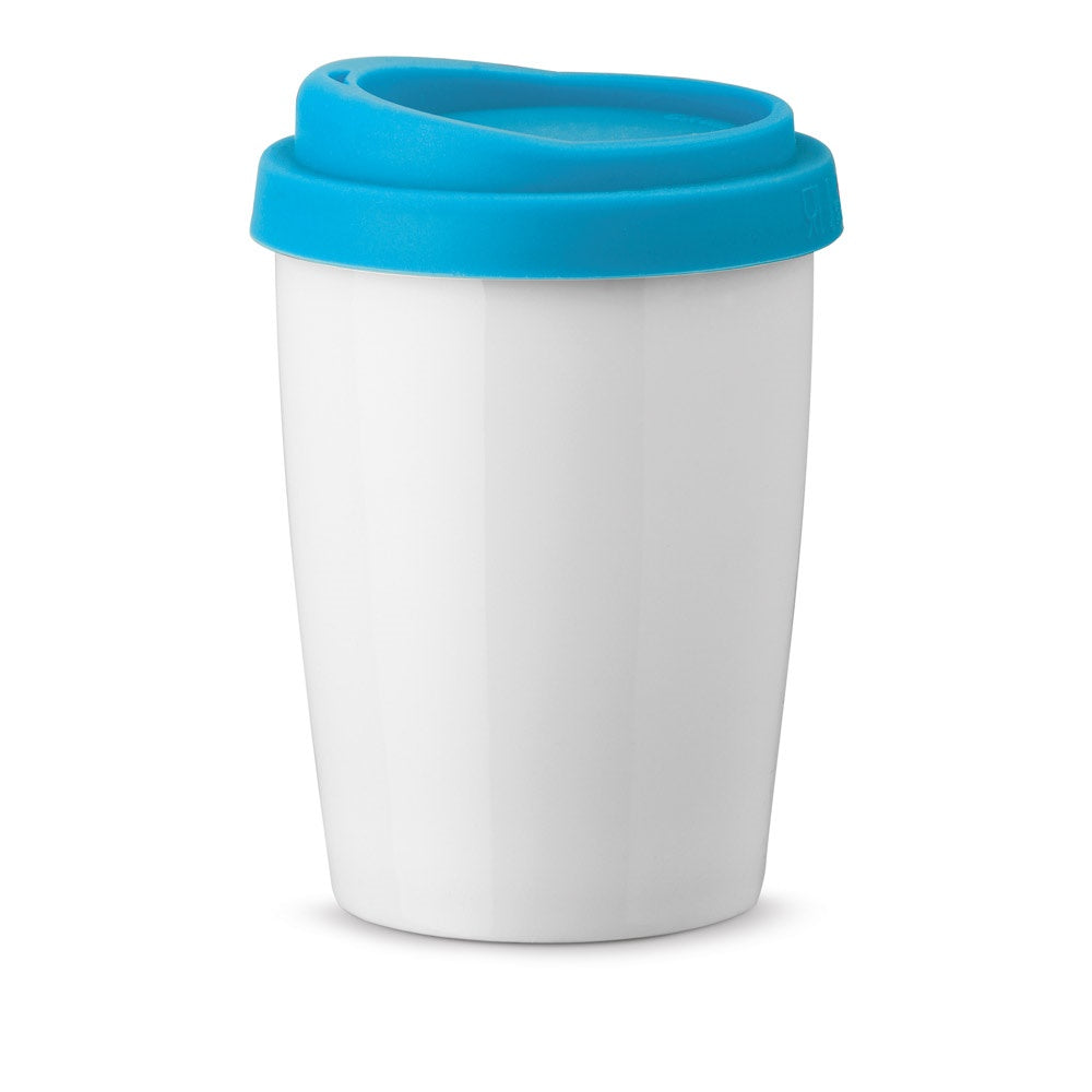DUWAL promotional travel cup in light blue with custom logo branding
