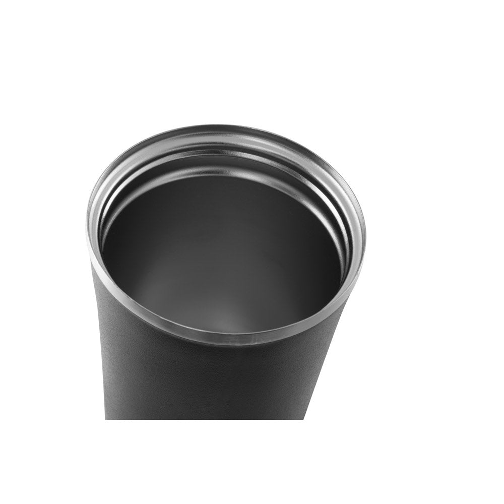 PHELPS promotional travel cup in black (detail view) with custom logo branding