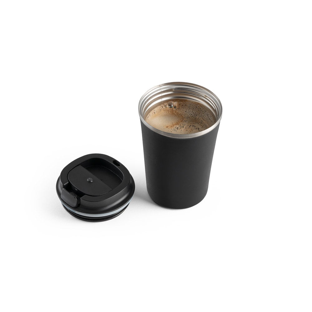 PHELPS promotional travel cup in black (detail view) with custom logo branding