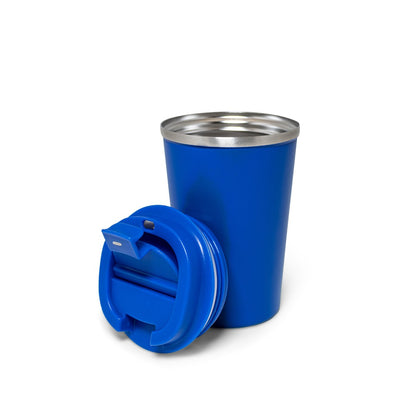 PHELPS promotional travel cup in blue (detail view) with custom logo branding