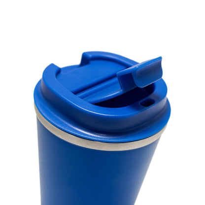 PHELPS promotional travel cup in blue (detail view) with custom logo branding