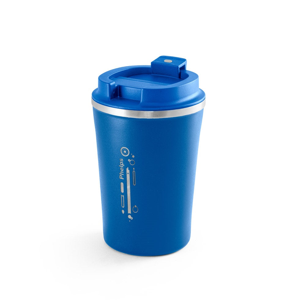 PHELPS promotional travel cup in blue with custom logo branding