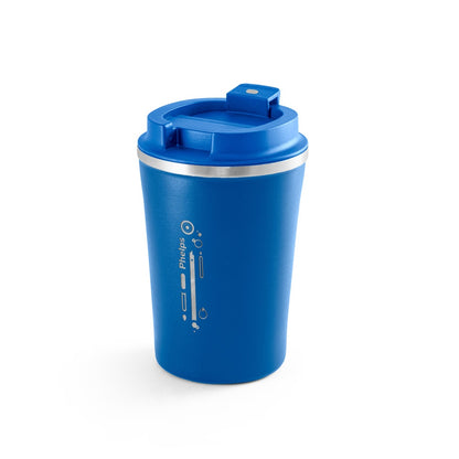 PHELPS promotional travel cup in blue with custom logo branding