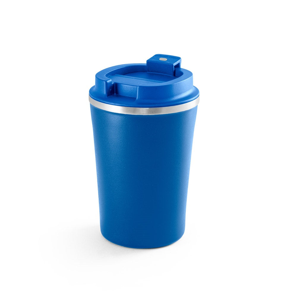 PHELPS promotional travel cup in blue with custom logo branding
