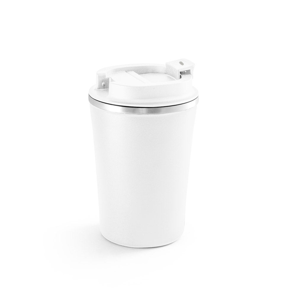 PHELPS promotional travel cup in white (detail view) with custom logo branding