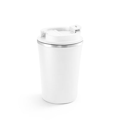 PHELPS promotional travel cup in white (detail view) with custom logo branding