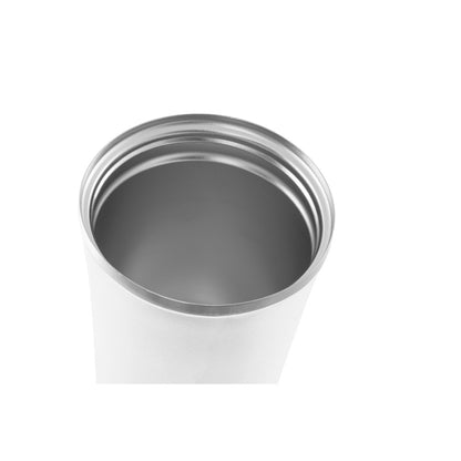 PHELPS promotional travel cup in white (detail view) with custom logo branding
