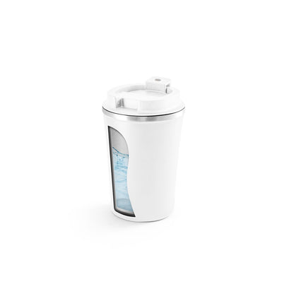 PHELPS promotional travel cup in white (detail view) with custom logo branding