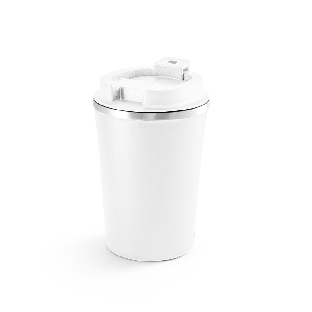PHELPS promotional travel cup in white with custom logo branding