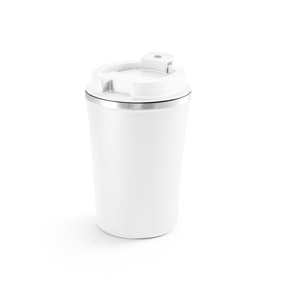 PHELPS promotional travel cup in white with custom logo branding