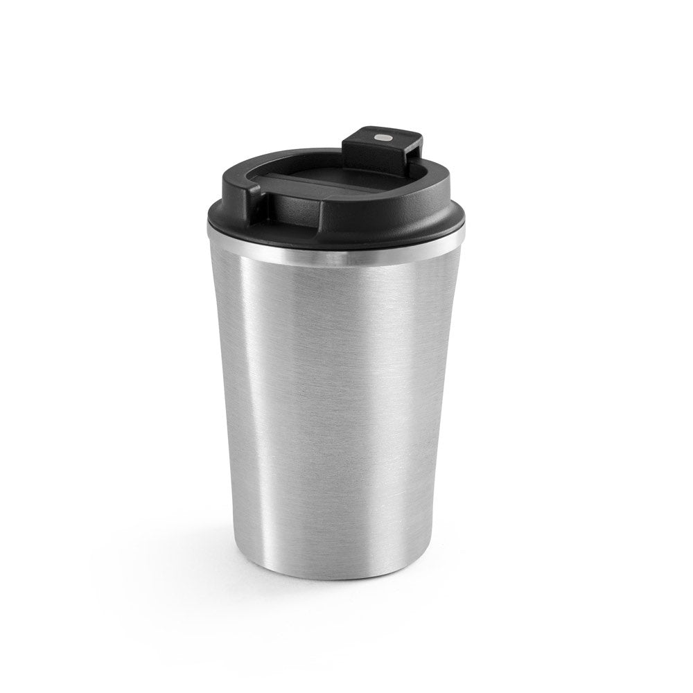 PHELPS promotional travel cup in satin silver with custom logo branding
