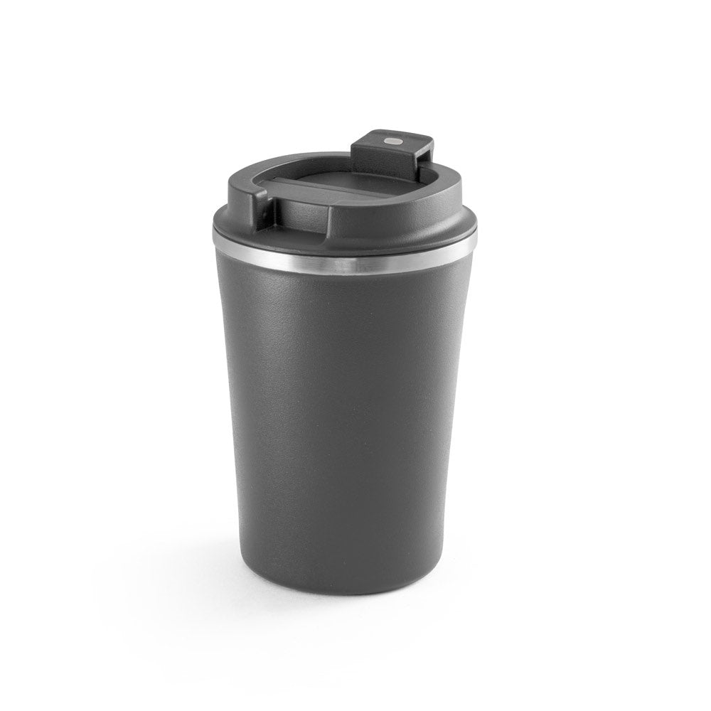 PHELPS promotional travel cup in dark grey with custom logo branding