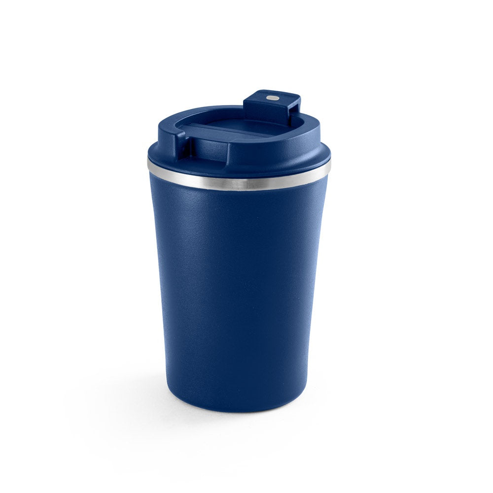 PHELPS promotional travel cup in navy blue with custom logo branding