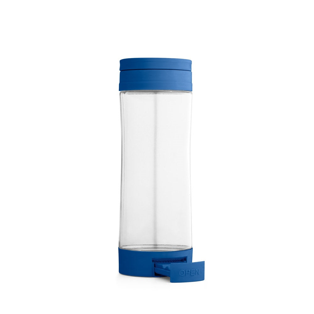 QUINTANA promotional bottle in royal blue (detail view) with custom logo branding