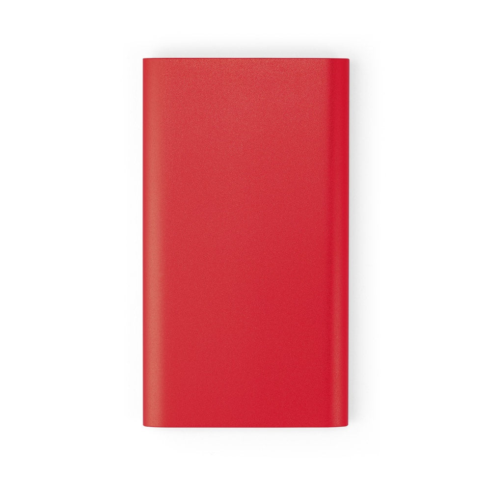 CASSINI promotional power bank in red (detail view) with custom logo branding