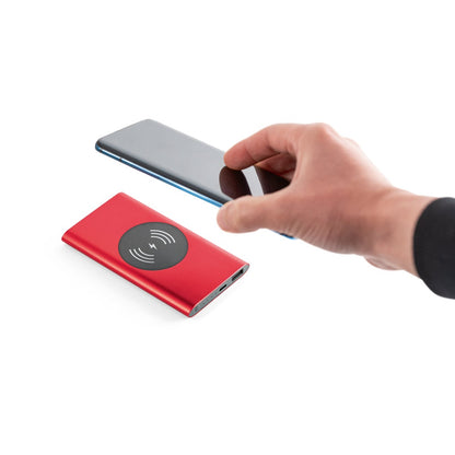 CASSINI promotional power bank in red (detail view) with custom logo branding