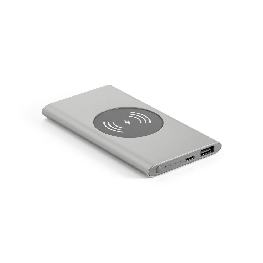 CASSINI promotional power bank in satin silver with custom logo branding