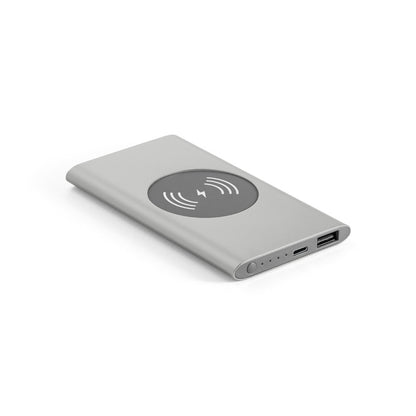 CASSINI promotional power bank in satin silver with custom logo branding
