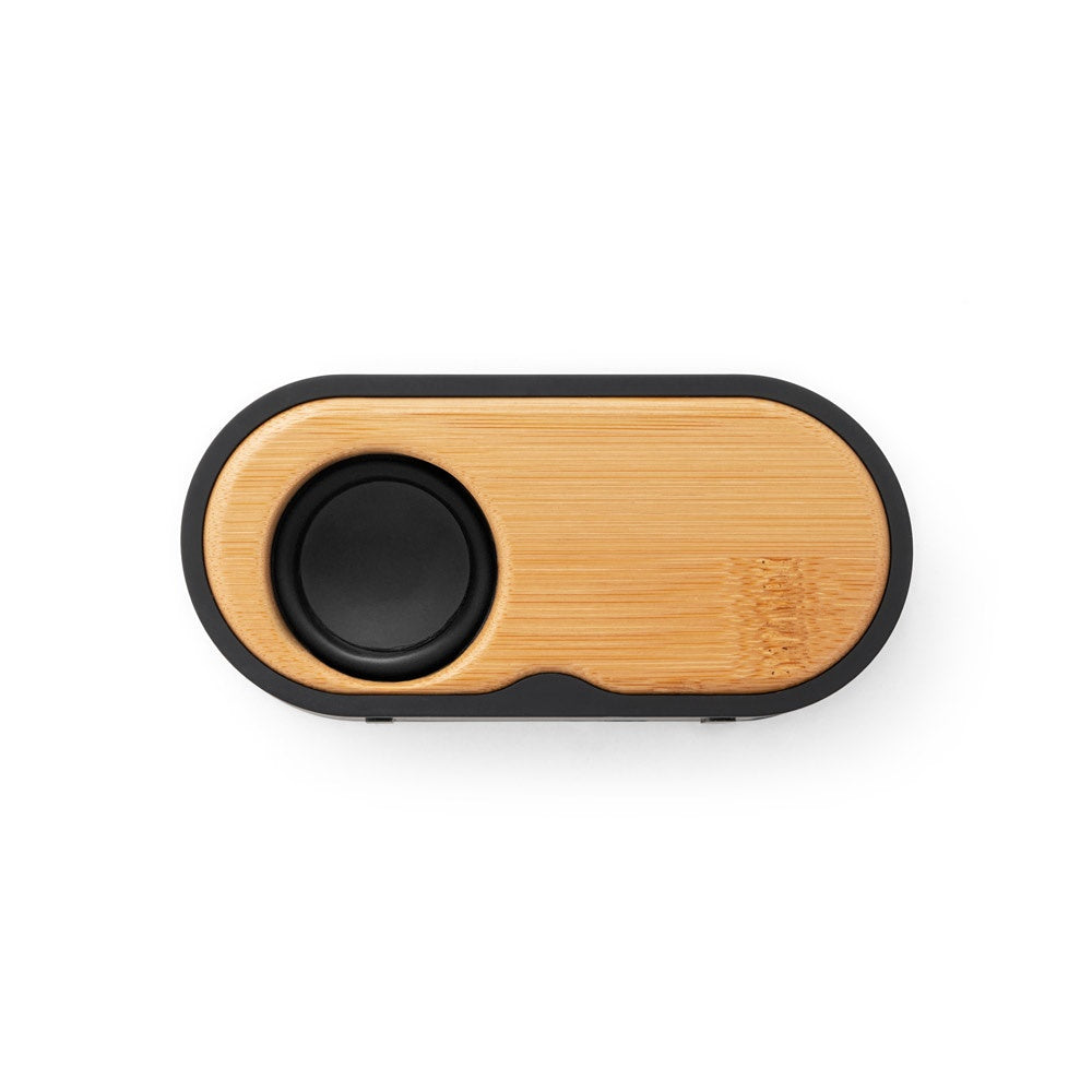 TILLY promotional speaker in black (detail view) with custom logo branding