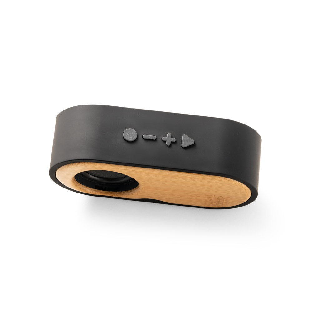 TILLY promotional speaker in black (detail view) with custom logo branding