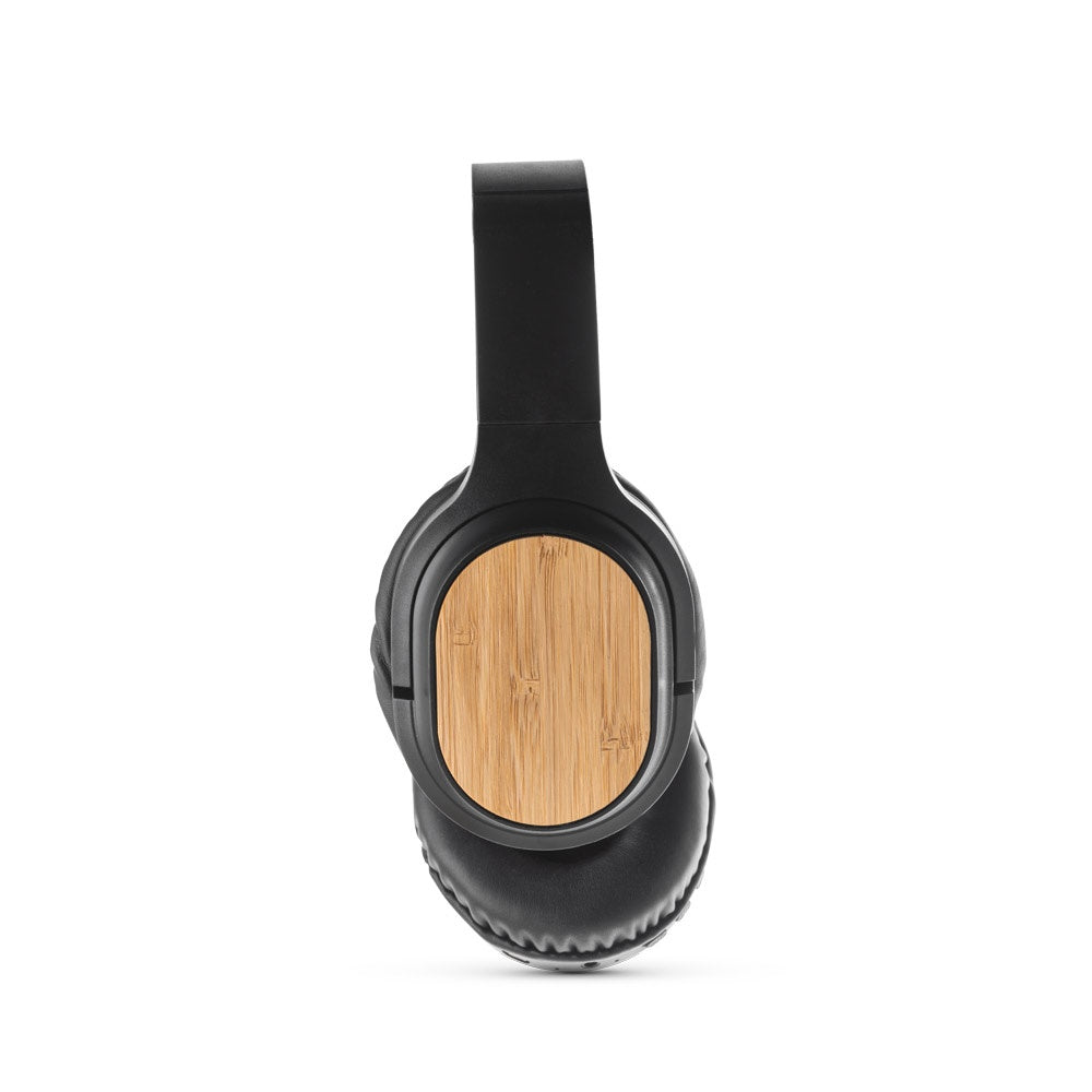 GOULD promotional headphones in black (detail view) with custom logo branding