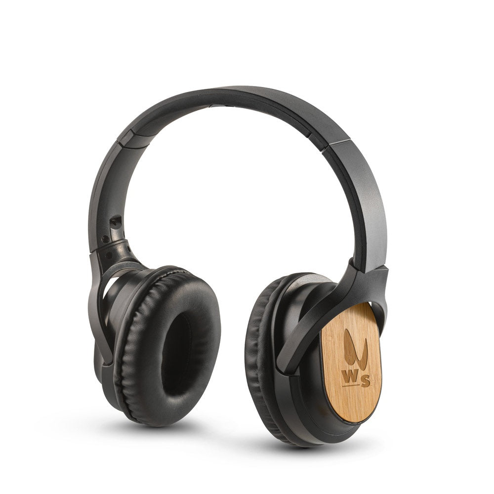 GOULD promotional headphones in black with custom logo branding