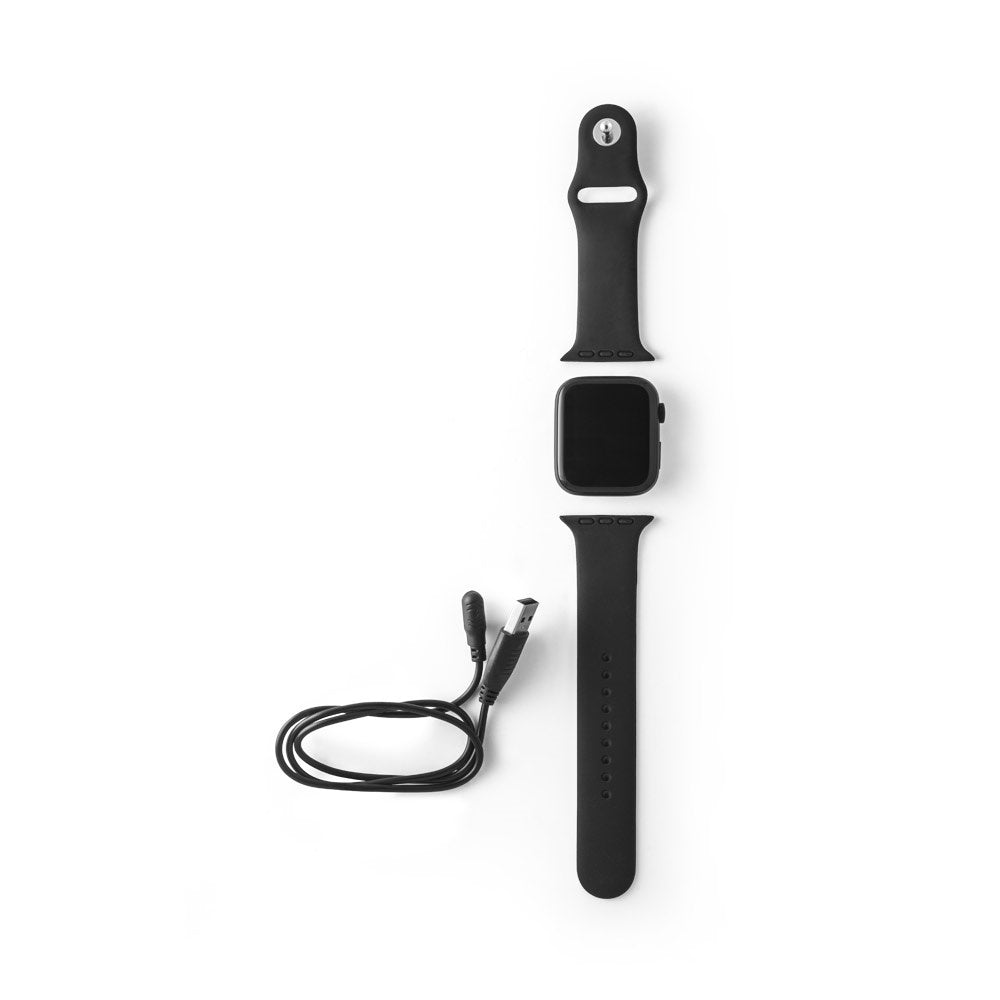 WILES promotional smart watch in black (detail view) with custom logo branding