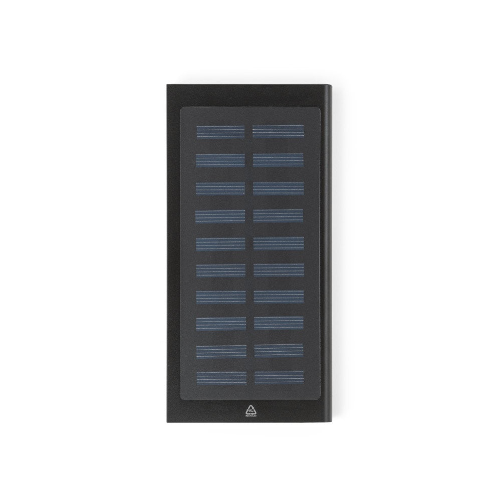 CLERK promotional power bank in black (detail view) with custom logo branding