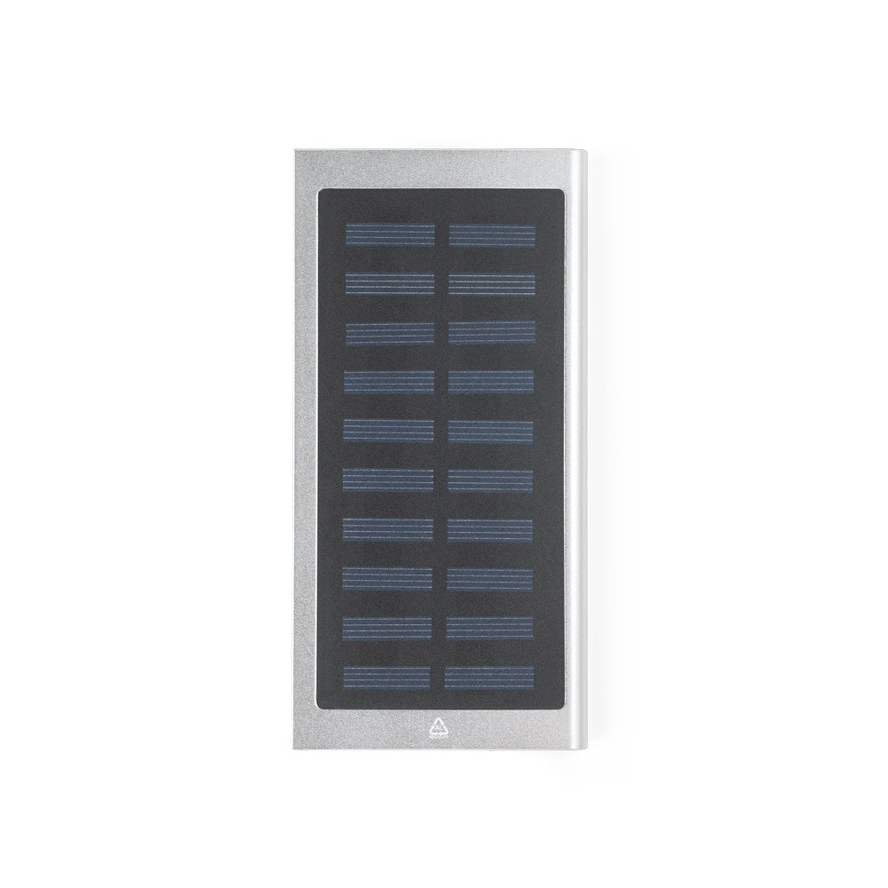 CLERK promotional power bank in satin silver (detail view) with custom logo branding