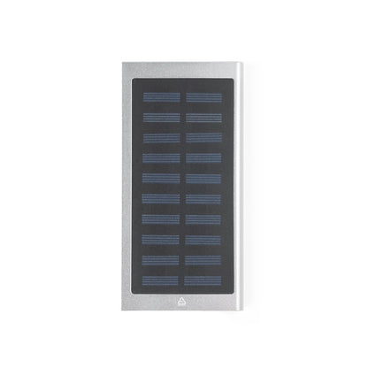 CLERK promotional power bank in satin silver (detail view) with custom logo branding